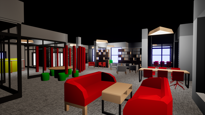 Zrzut przedstawiający projekt graficzny wirtualnego środowiska odwzorowującego 3 piętro instytucji Podkarpackiego Centrum Innowacji.