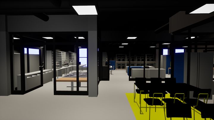 Zrzut przedstawiający projekt graficzny wirtualnego środowiska odwzorowującego 1 piętro instytucji Podkarpackiego Centrum Innowacji.