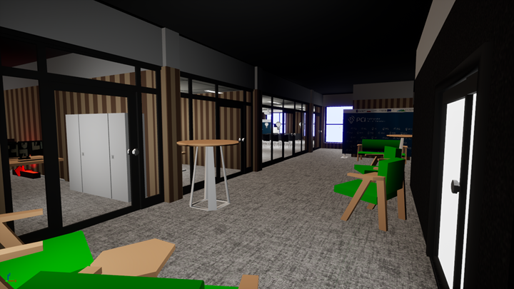 Zrzut przedstawiający projekt graficzny wirtualnego środowiska odwzorowującego 2 piętro instytucji Podkarpackiego Centrum Innowacji. Przestrzeń Konferencyjna.